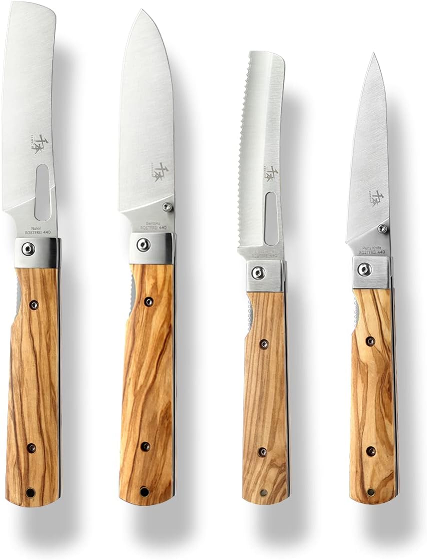 SENBON 440A stainless steel Gift wrapped 4 piece set sharp pocket folding Japanese chef knife universal peeling knife bread knife set portable kitchen knives with natural olive handle