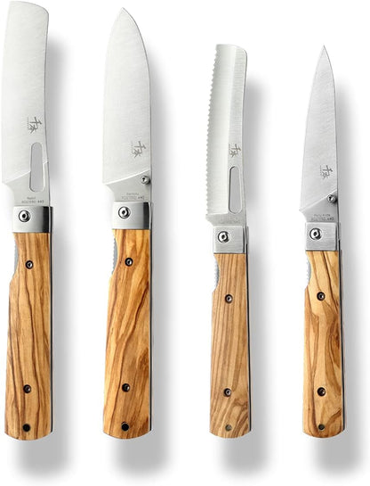 SENBON 440A stainless steel Gift wrapped 4 piece set sharp pocket folding Japanese chef knife universal peeling knife bread knife set portable kitchen knives with natural olive handle