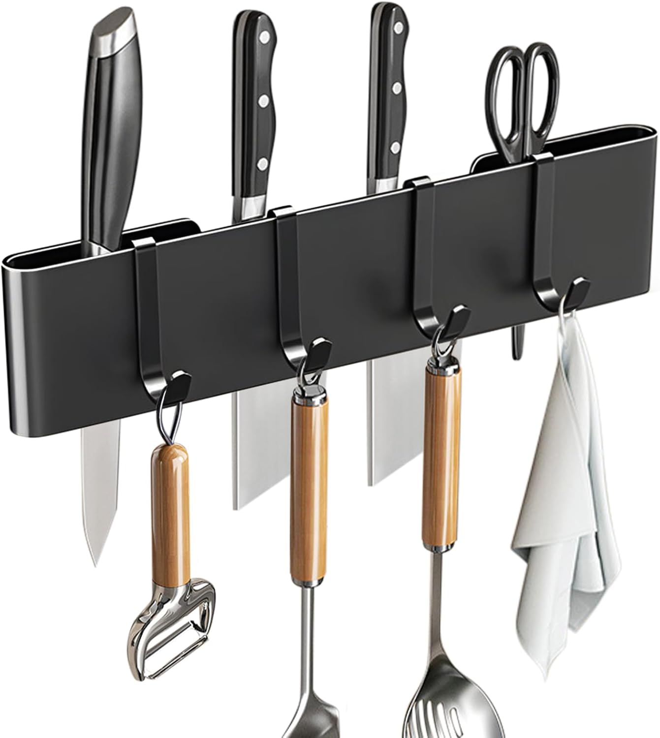 Knife Holder for Wall Mount-Knife Strips with Hooks Stainless Steel Wall Knife Rack-Knife Block-Knife Rack-Utensil Hanger-Kitchen Utensil Holder (Black, 50 CM+9 Hooks)