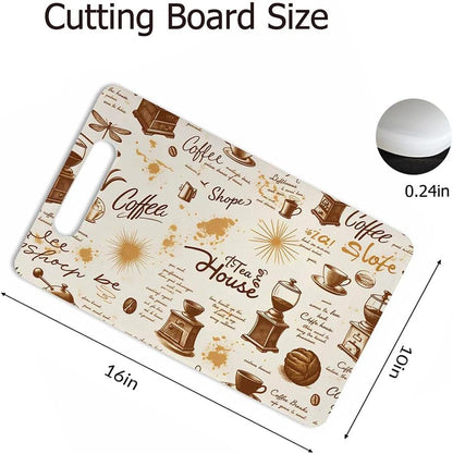 Coffee Set Cutting Board with Handles Coffee Maker Muffin Cup Flower Hot Drink Love Cutting Boards Plastic Safe Chopping Board for Kitchen 16" x 10" x 0.24"
