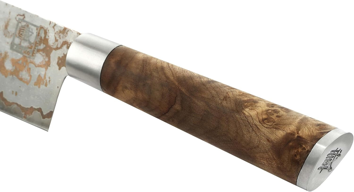 zayiko MysticMagma Nakiri Damascus Knife, 17 cm Blade made of 67 Layers of Damascus Steel with copper and bronze Inlay, DualCurve Handle made of maple root Wood, wooden Box