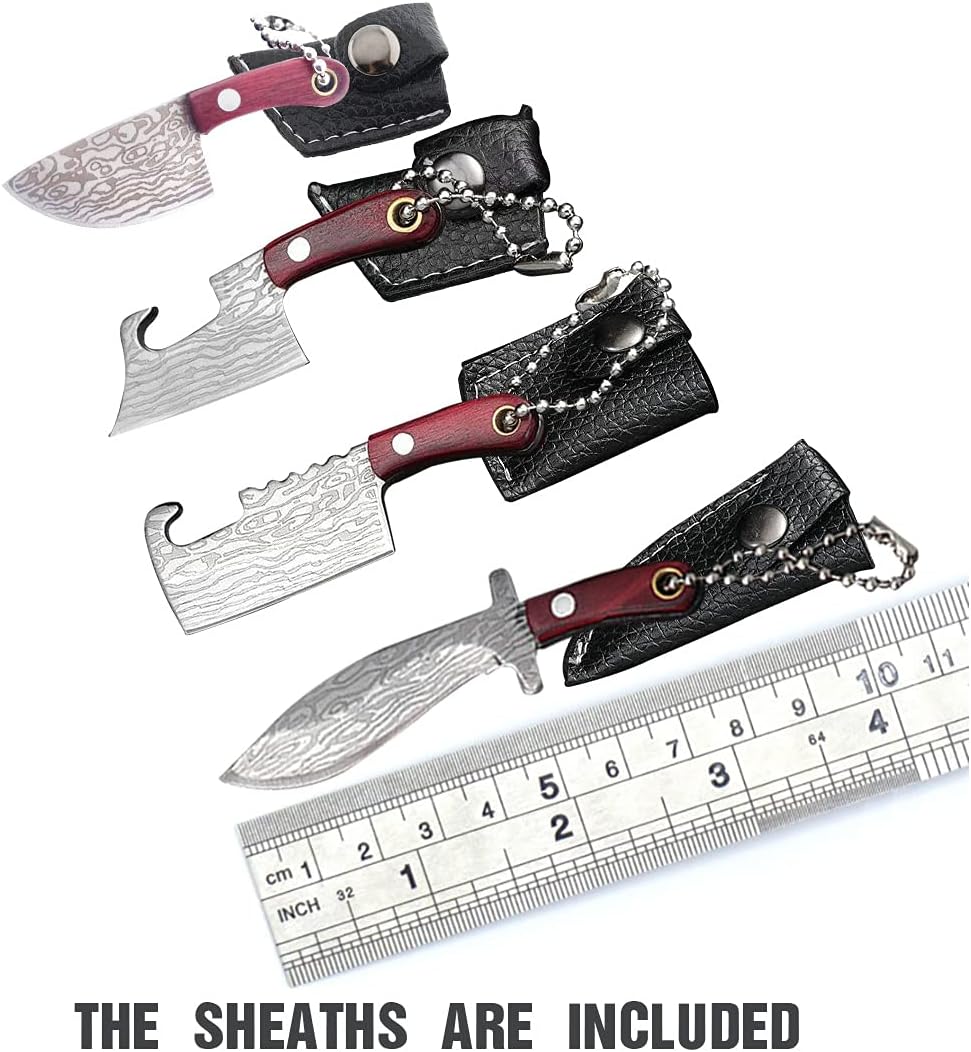 Damascus Pocket Knife Set Mini Chef Tiny Cleaver for Package Opener Box Cutter - of 4