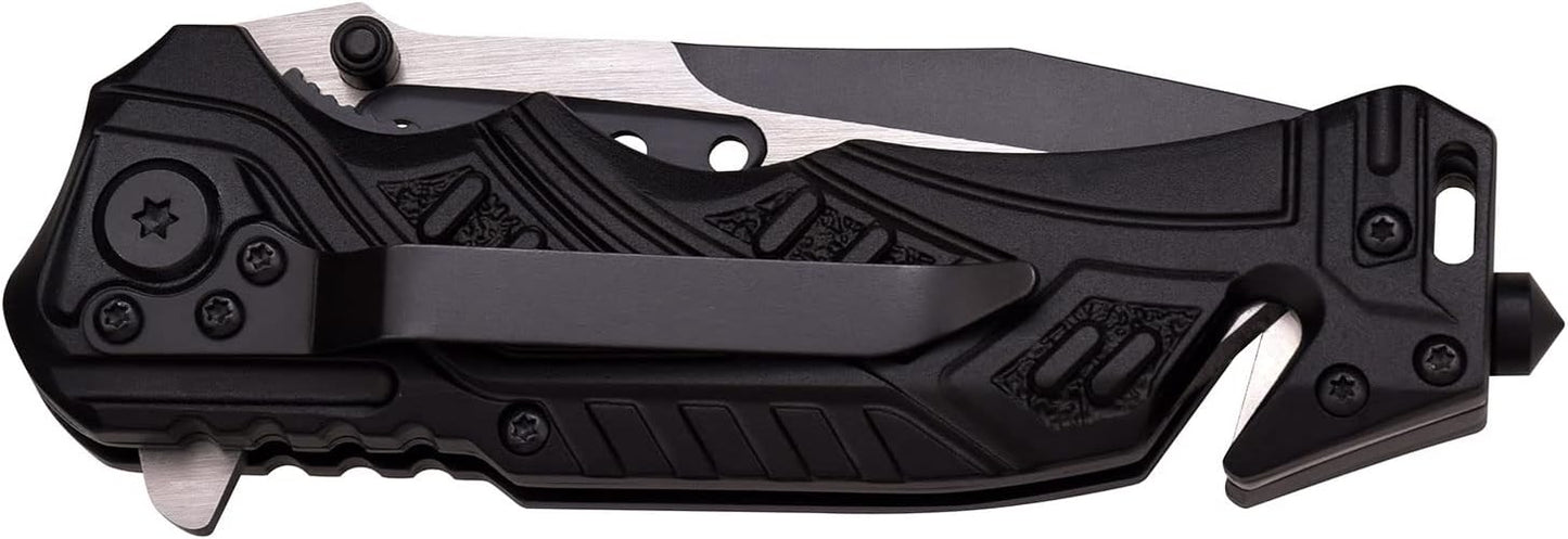 MTECH USA EDC Folding Pocket Knife – 3.5” Stainless Steel Half Serrated Blade, 4.5” Closed, Two-Tone Aluminum Handle, Belt Cutter, Glass Breaker & Pocket Clip