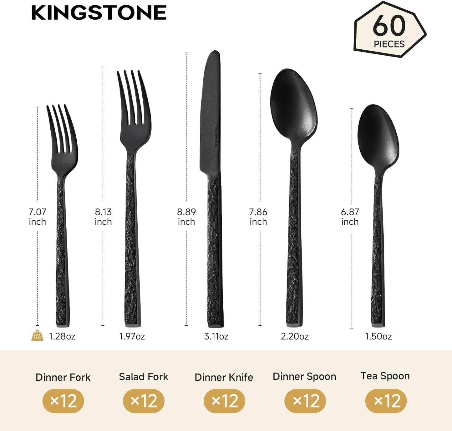 KINGSTONE 24 Pcs Black Hammered Silverware Set with Steak Knives for 4, 18/10 Stainless Steel Heavy Duty Flatware Set, Tableware Cutlery Utensil Sets for Home Restaurant Dishwasher Safe