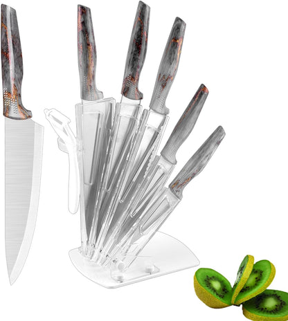 Professional 6-Piece Kitchen Knife Set with Acrylic Block - Knives Set for Kitchen, Universal Knife Block, Utility Knife Block Set, New Home Essentials, Apartment Essentials, Dishwasher Safe