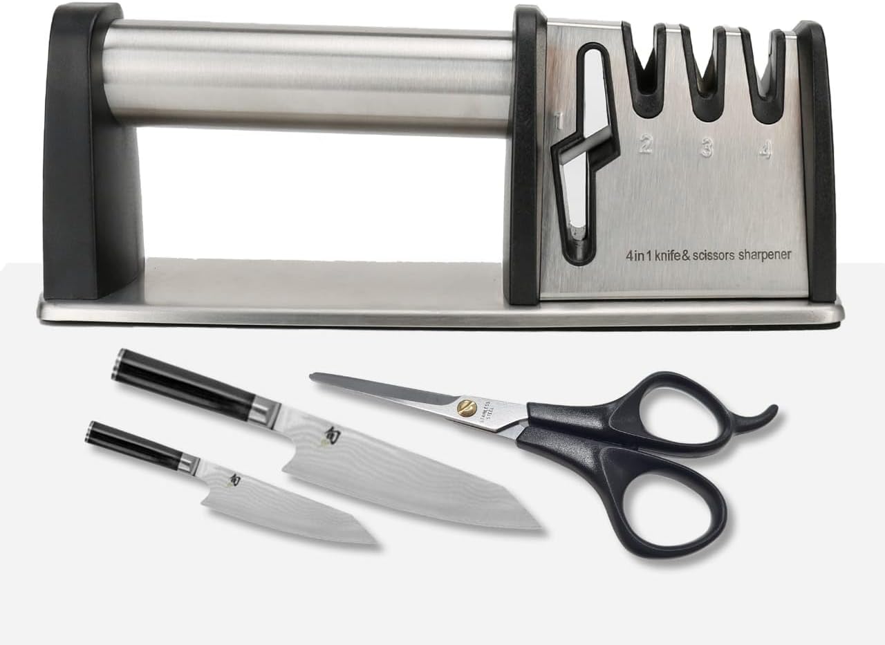 Knife Sharpener, 4 in 1 Manual Kitchen Knives & Scissors Sharpener – Diamond, Tungsten & Ceramic Blades, Ergonomic Non-Slip Knife Sharpening Kit, Compact, Easy & Safe to Use, Black