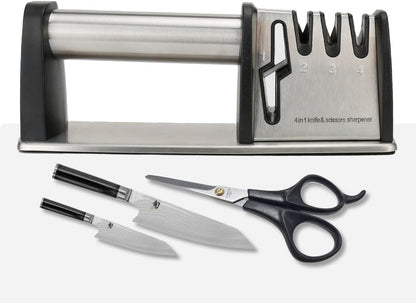 Knife Sharpener, 4 in 1 Manual Kitchen Knives & Scissors Sharpener – Diamond, Tungsten & Ceramic Blades, Ergonomic Non-Slip Knife Sharpening Kit, Compact, Easy & Safe to Use, Black
