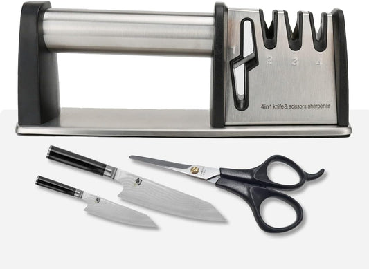 Knife Sharpener, 4 in 1 Manual Kitchen Knives & Scissors Sharpener – Diamond, Tungsten & Ceramic Blades, Ergonomic Non-Slip Knife Sharpening Kit, Compact, Easy & Safe to Use, Black