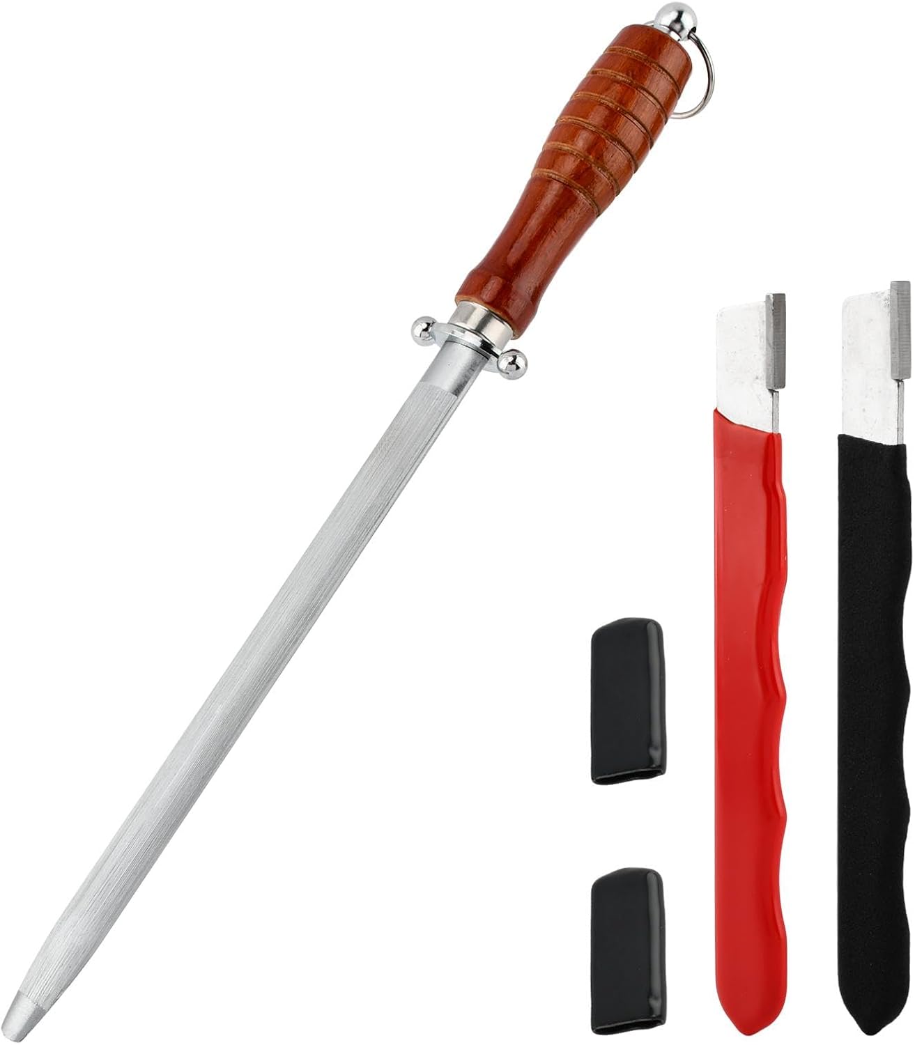 Professional Knife Sharpener Steel Rod Set, 10 inch Honing Rod with Non-slip Wooden Handle and 2 Handheld Garden Tool Sharpener for Kitchen Knife Daily Sharpening Maintenance(COLOR:Multicolor)