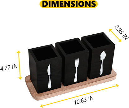 CHONIC Farmhouse Silverware Holder, Rustic Wood Silverware Caddy with Tray, Spoon Fork Knives Flatware Dispenser, Utensil Countertop Organizer, Plastic Cutlery Holder for Kitchen Party (Black)