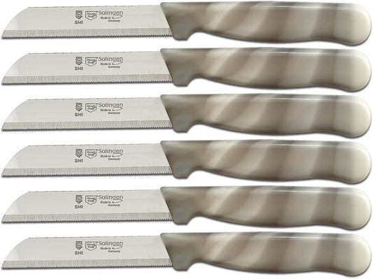 SMI - 6 Pcs Paring Knife Set Serrated Edge, Vegetable Knife, Fruit Knife, Kitchen Knife Made in Solingen Germany (Grey White)