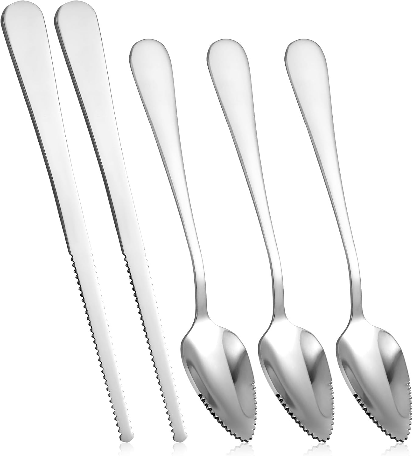 Grapefruit Knife 5 Pieces Set, 3 Stainless Steel Grapefruit Spoons & 2 Grapefruit Knives, Serrated Edge Utensils for Citrus Fruits (Silver)