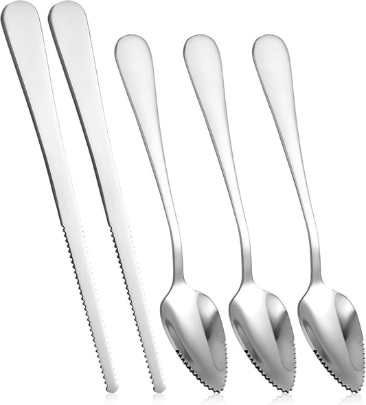 Grapefruit Knife 5 Pieces Set, 3 Stainless Steel Grapefruit Spoons & 2 Grapefruits Knife, Serrated Edge Utensils for Citrus Fruits (Silver)
