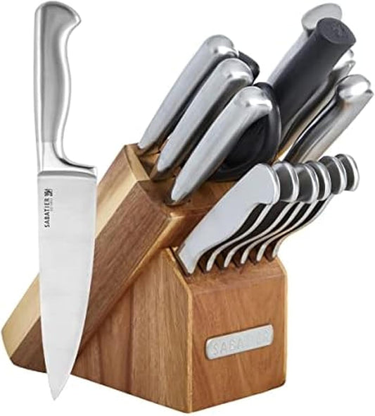 Sabatier 15-Piece Forged Triple Rivet Knife Block Set, High-Carbon Stainless Steel Kitchen Knives, Razor-Sharp Knife set with Acacia Wood Block, White Handles