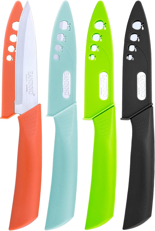 Paring Knife, 4 inch Kitchen Knives Set with Cover Small Knife for Fruit Peeling Vegetable Stainless Steel with Sheath Ergonomic Handle