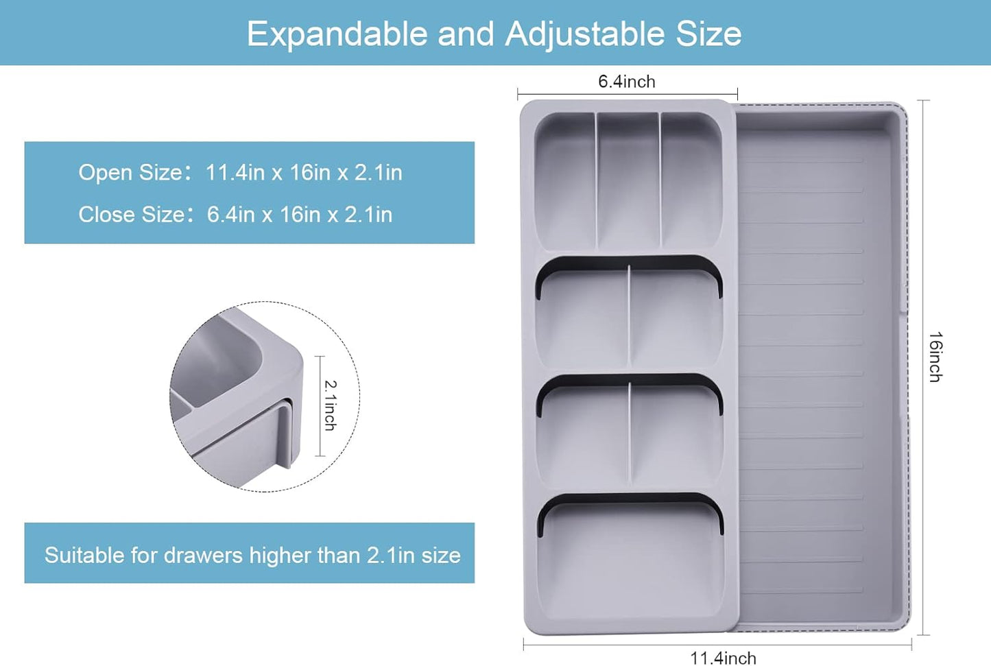 Expandable Kitchen Drawer Organizer, Adjustable Cutlery Trays and Utensil Holder, Kitchen Drawer Dividers Storage for Silverware, Flatware, Knives, Spoons, Gray