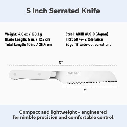 Misen Serrated Bread Knife - High-Carbon Japanese AUS8 Steel - Perfect for Soft Foods, Bread, Pastries, and Fruits - Verstatile Slicer, Razor-Sharp Edge, Durable Blade, Ergonomic Handle - 5", Blue