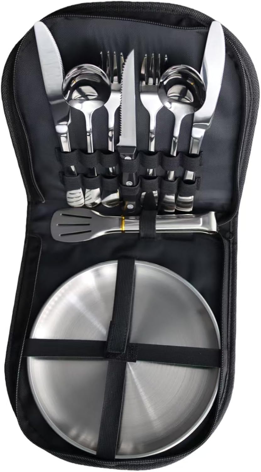 Outdoor Camping and Picnic Tableware Set, Stainless Steel Knives, Forks, Spoons, Plates, Food Tongs, Portable Tableware Set with Storage Bag