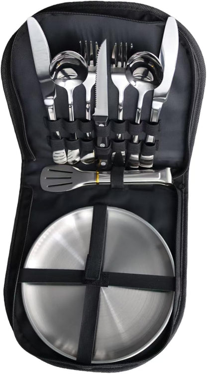 Outdoor Camping and Picnic Tableware Set, Stainless Steel Knives, Forks, Spoons, Plates, Food Tongs, Portable Tableware Set with Storage Bag
