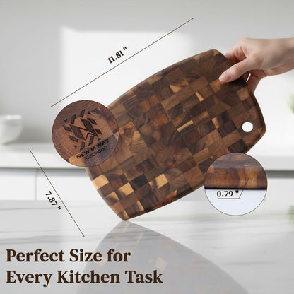 End Grain Acacia Wood Cutting Board 14" x 10" x 0.8" with Hanging Hole, Thick & Durable Butcher Block for Meat, Cheese, Fruit & Kitchen Prep – Knife Friendly, Non-Toxic, Plastic-Free by New M Way