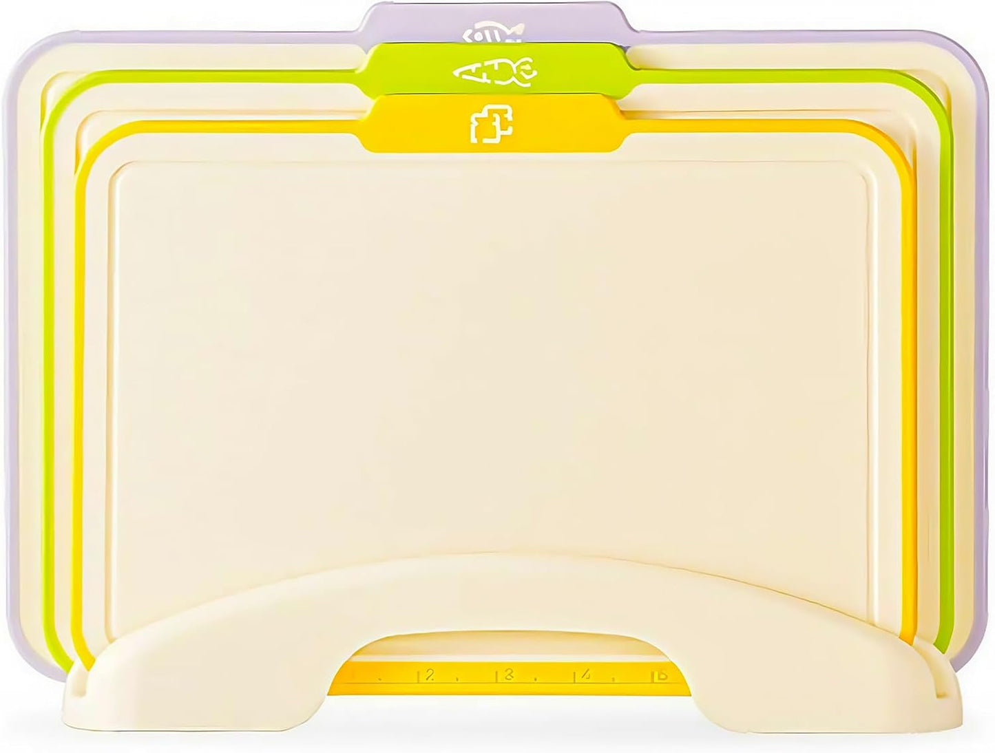Plastic Cutting Boards for Kitchen, 4-Pieces Cutting Board With Food Icons And Storage Stand, Easy Grip Handle, Professional Chopping Board Set for Meat, Veggies, Fruits（12.9"X 9.4" X 3.1")