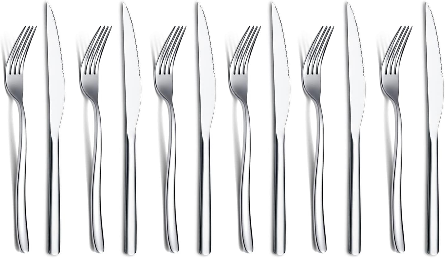 Gold Steak Knives Set 12 Piece, Premium Stainless Steel 6 Dinner Forks and 6 Dinner Knives Set, Steak Knives Steak Forks for 6 Person, Dishwasher Safe (Shiny Gold)