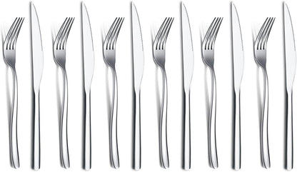 Gold Steak Knives Set 12 Piece, Premium Stainless Steel 6 Dinner Forks and 6 Dinner Knives Set, Steak Knives Steak Forks for 6 Person, Dishwasher Safe (Shiny Gold)