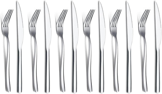 Gold Steak Knives Set 12 Piece, Premium Stainless Steel 6 Dinner Forks and 6 Dinner Knives Set, Steak Knives Steak Forks for 6 Person, Dishwasher Safe (Shiny Gold)