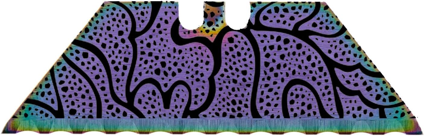 NDZ Performance Serrated Steel Blade Replacement for Berkling Utility Knife, Custom Double Sided Laser Engraved Designs, Rainbow - Skull - 5 Pack