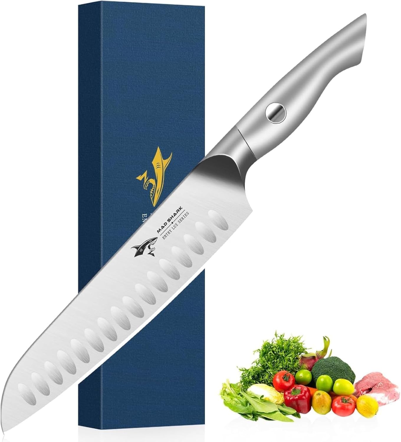 MAD SHARK 8 Inch Santoku Knife - Ultra Sharp Japanese Kitchen Knife with High Carbon German Steel, Ergonomic Handle, Ideal for Slicing, Dicing, Cutting - Unique Gift for Chefs, Men & Women (Black)