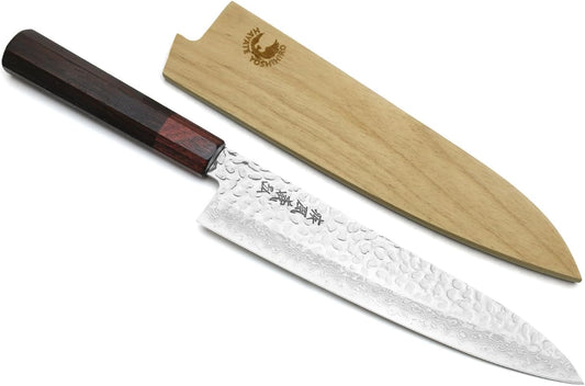 Yoshihiro VG10 46 Layers Hammered Damascus Gyuto Japanese Chefs Knife (Octagonal Shitan Rosewood Handle) (7" (180mm))