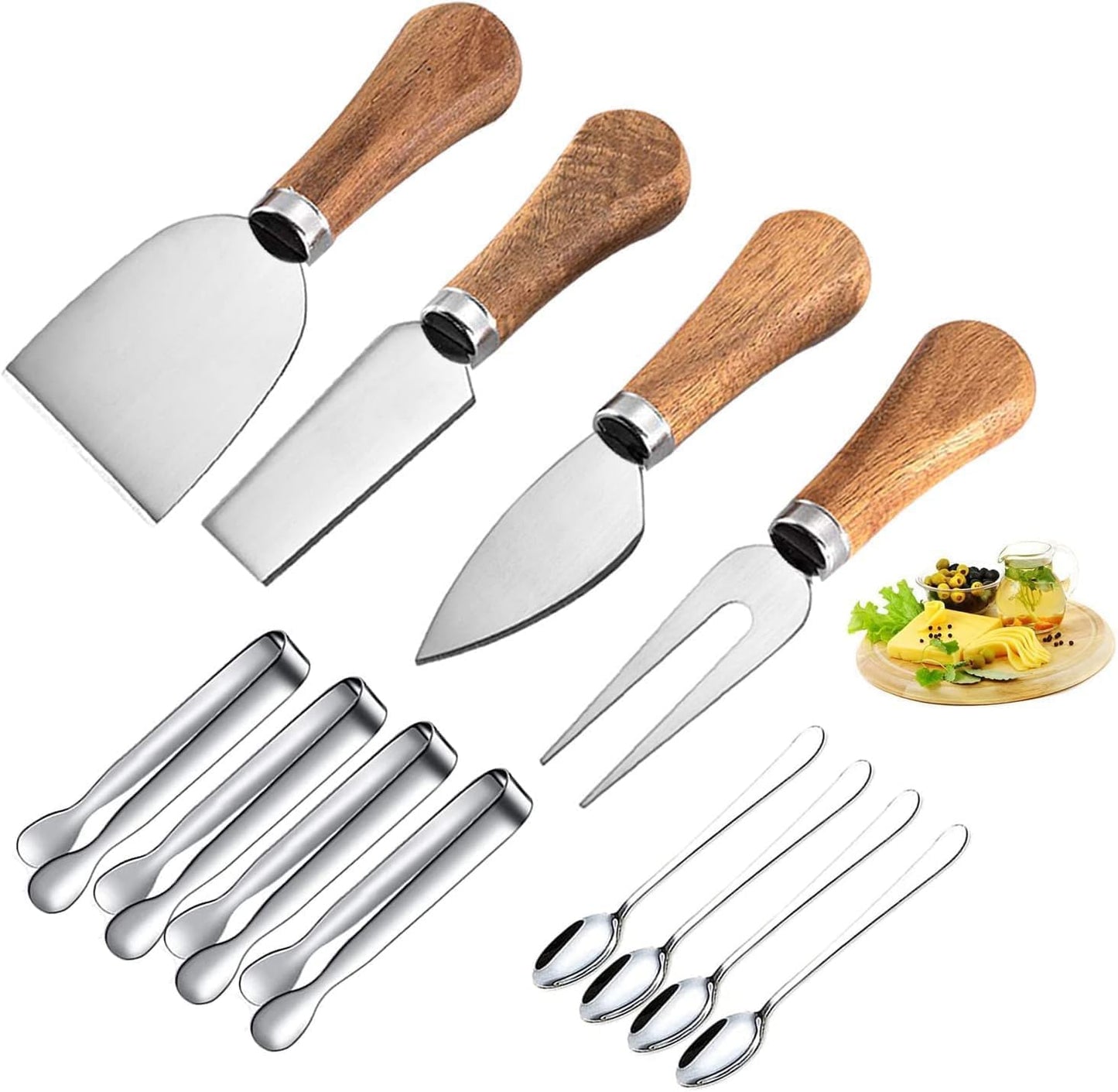 4 Pieces Cheese Knife Set with Wooden Handles Stainless Steel Cheese Knives, Cheese Spreaders, Butter Knife, Mini Serving Tongs, Forks, Charcuterie Board Accessories for Party, Wedding, and Christmas