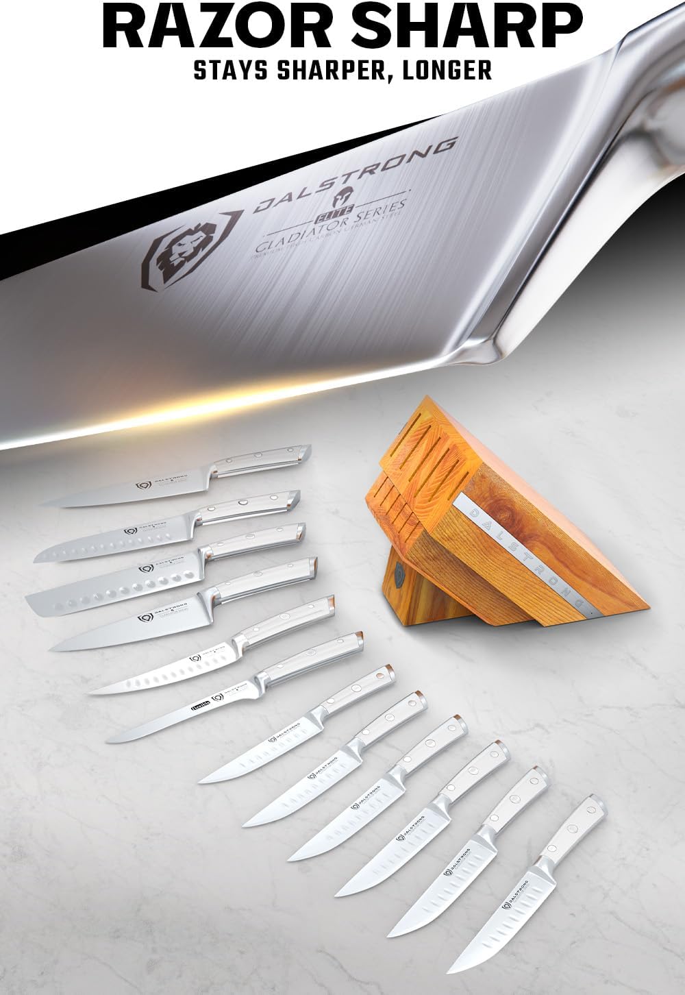 Dalstrong 18-Piece Gladiator Colossal Knife Block Set — German High-Carbon Steel, Full-Tang, Hand-Sharpened — For Home Chefs, Wedding Registries & Serious Kitchens — Acacia Wood Block, NSF Certified