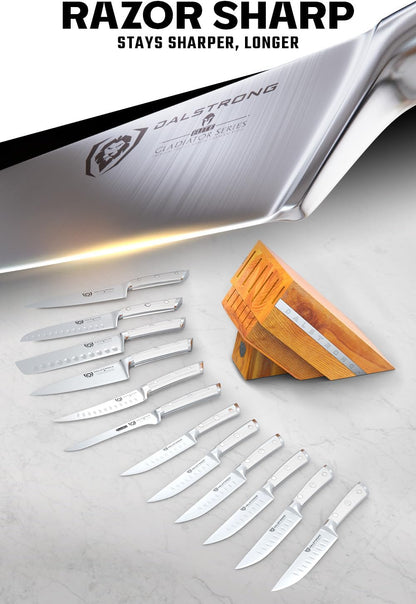 Dalstrong 18-Piece Gladiator Colossal Knife Block Set — German High-Carbon Steel, Full-Tang, Hand-Sharpened — For Home Chefs, Wedding Registries & Serious Kitchens — Acacia Wood Block, NSF Certified
