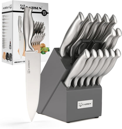 Knife Set, 15-Piece Kitchen Knife Block Sets with Built-in Sharpener, German Stainless Steel Knife Block Set, Dishwasher Safe