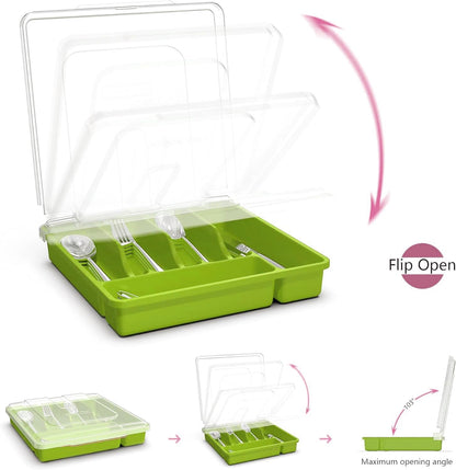 Silverware Organizer with Lid, Covered Utensil Tray for Kitchen Drawer and Countertop, Plastic Cutlery and Flatware Storage Box for Spoons Forks Knives Holder Case, BPA Free Flatware (Green)