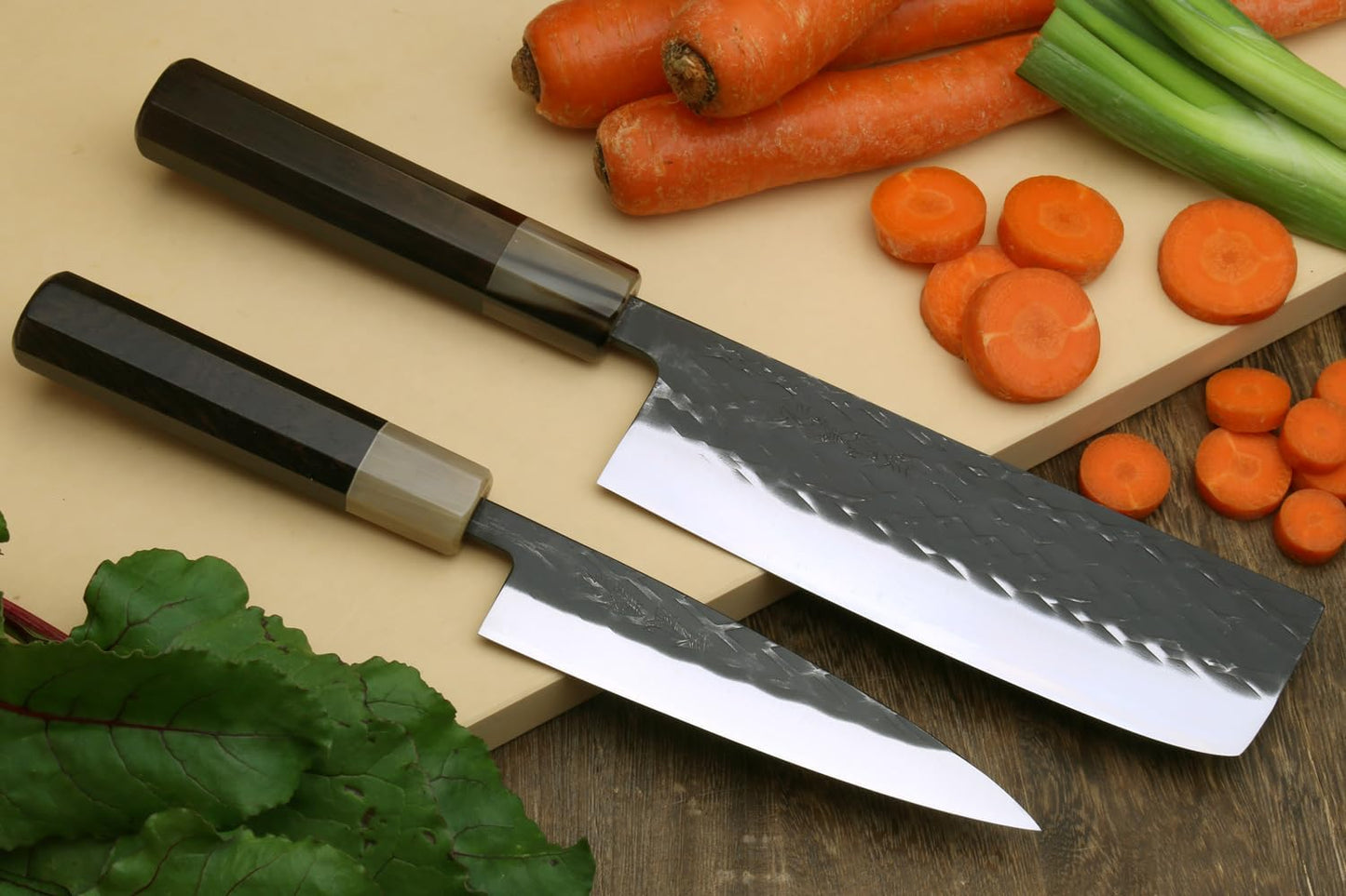 Yoshihiro Kurouchi Stainless Clad High Performance SLD Japanese Nakiri Vegetable Knife & Petty Utility Knife 2pc Set (Nakiri 6.5" / Petty 5.3" & Saya Cover)