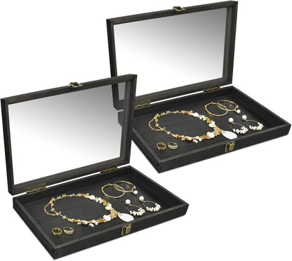 MOOCA 2 Pcs Wood Tempered Glass Top Jewelry Display Case Accessories Storage Box with Metal Clasp, Wooden Jewelry Tray for Collectibles, Pocket Knife Display Case, Brown Color