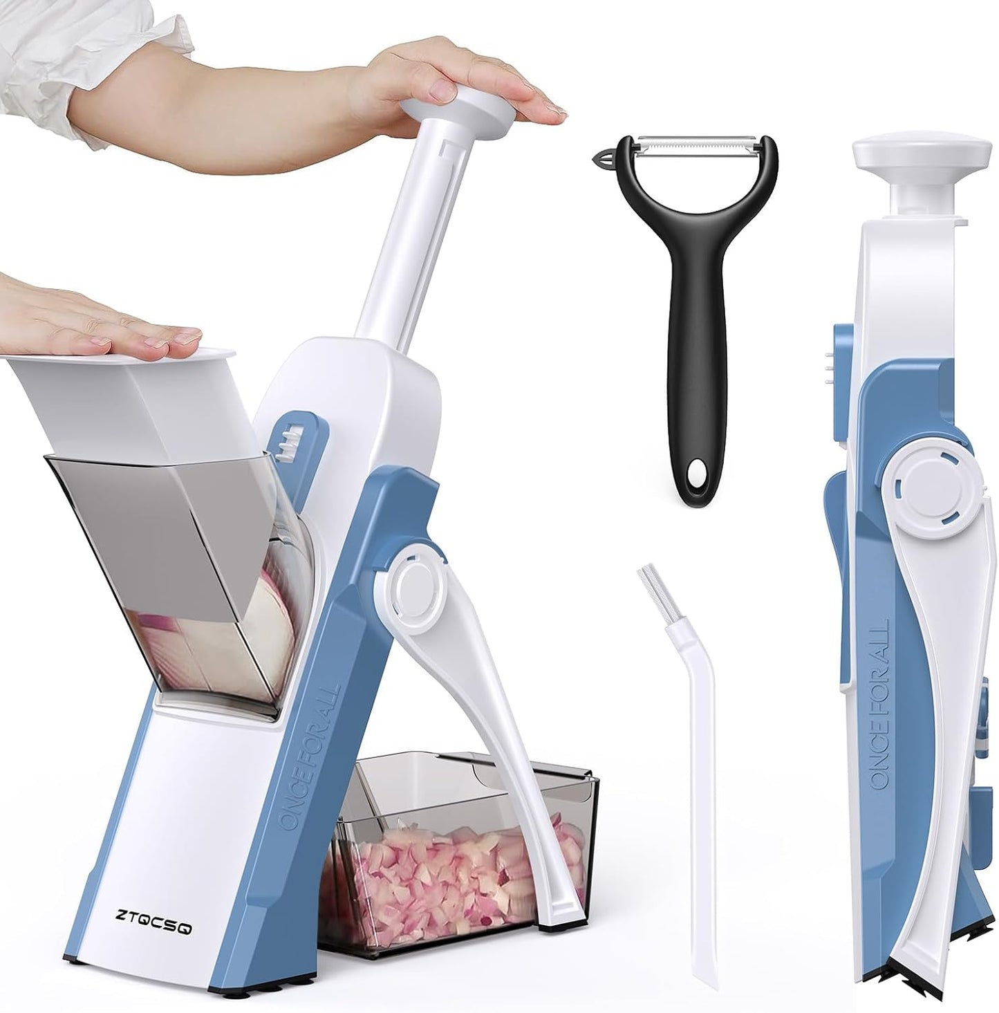 5 in 1 Safe Mandoline Slicer for Kitchen, Safe Vegetable Chopper, Paring Knife, Adjustable Thickness, Easy to Clean, Vegetable Slicer, Slicing, Strips, Shredding, Dicing, Chop (Black Knight)