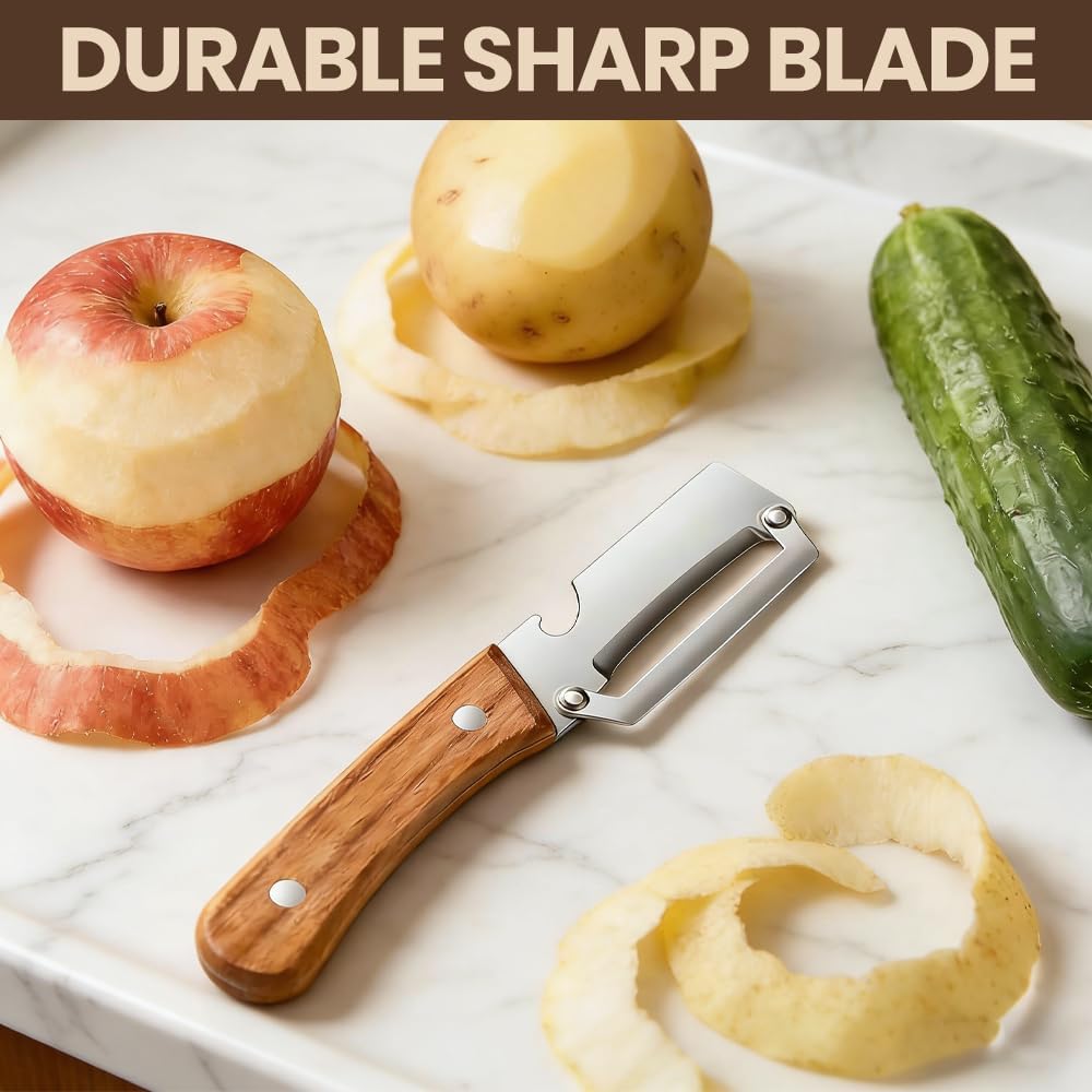 Premium Vegetable Peeler with Wooden Handle and Bottle Opener: 2-in-1 Stainless Steel Kitchen Tool for Fruit Apple Potato Pumpkin Papaya (2 PCS)