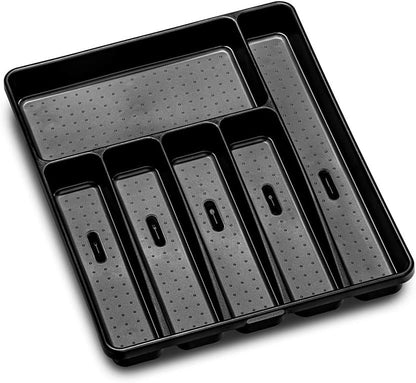 madesmart Premium Silverware Tray, 6 Compartment Flatware Organizer for Forks, Knives & Spoons, Non Slip, Soft Grip Lining, Durable Drawer Organizer, Black