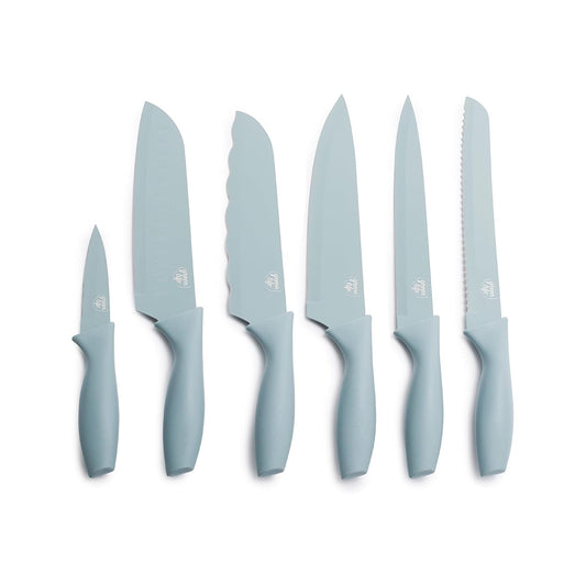 GreenLife 6 Piece Kitchen Knife Set, Rust-Resistant Nonstick Coating, High Carbon Stainless Steel Knives, Blade Guards, Razor Sharp, Ergonomic Handle, Chef, Santoku, Paring, Sage Green
