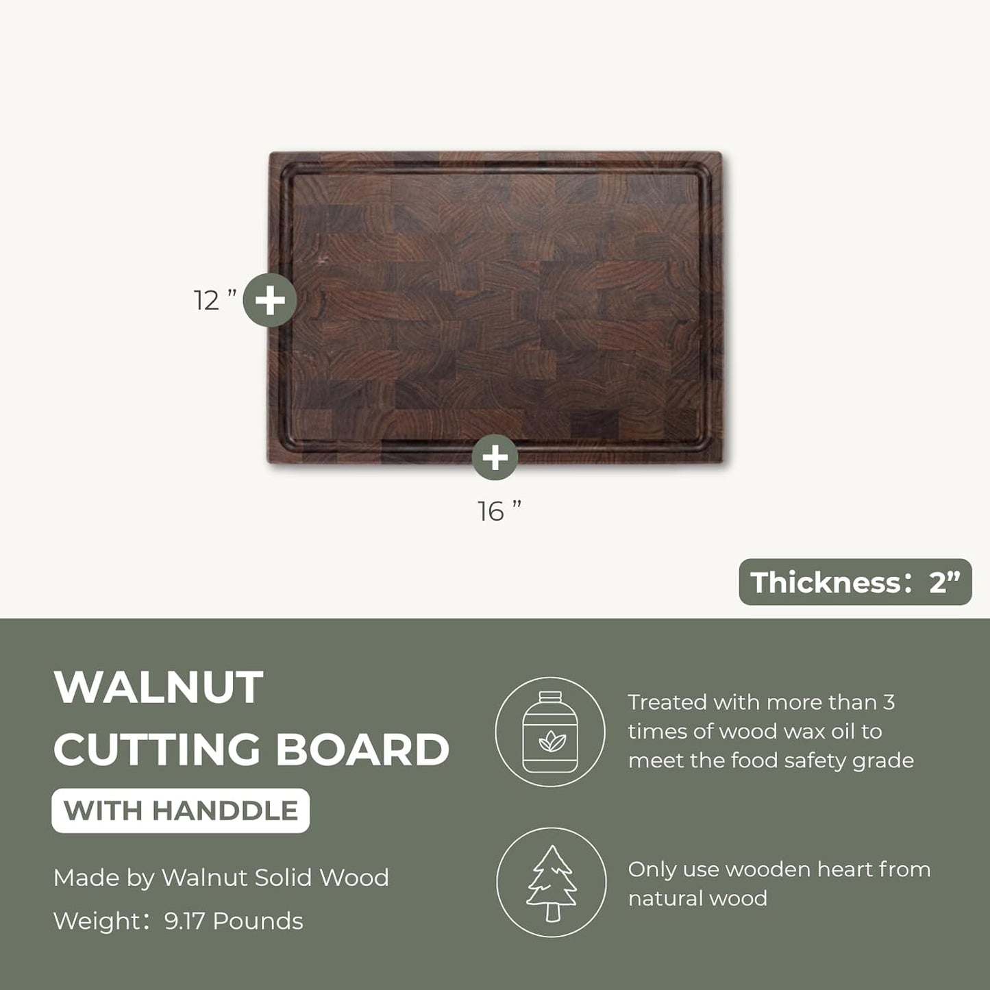 muso wood End Grain Cutting Board, Black Walnut Wood, 2" Thick Dual-Sided Wooden Chopping Board with Juice Groove & Handle - Idea for meat cutting, vegetable dicing, and fruit processing, 20 x 15 inch