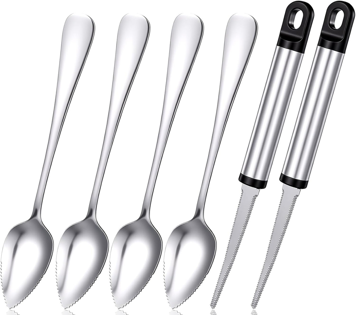 6 Pcs Grapefruit Spoon Knife, Stainless Steel Grapefruit Spoons Serrated Edge Knife Grapefruit Spoon & Knife Set Dessert Spoon for Citrus Kiwi Orange Lemon Pitaya Avocado(Silver)