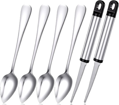 6 Pcs Grapefruit Spoon Knife, Stainless Steel Grapefruit Spoons Serrated Edge Knife Grapefruit Spoon & Knife Set Dessert Spoon for Citrus Kiwi Orange Lemon Pitaya Avocado(Silver)