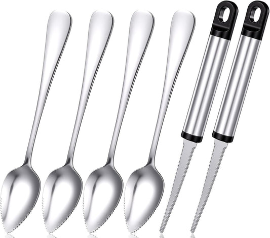6 Pcs Grapefruit Spoon Knife, Stainless Steel Grapefruit Spoons Serrated Edge Knife Grapefruit Spoon & Knife Set Dessert Spoon for Citrus Kiwi Orange Lemon Pitaya Avocado(Silver)