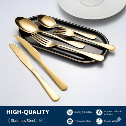 GPY Black Silverware Set, 24-Piece Stainless Steel Flatware Set Service for 4, Titanium Plated Black Eating Utensils, Modern Mirror Finish Cutlery for Kitchen & Home