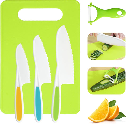melican Kids Kitchen Knife Set, 11 Pcs Montessori Kitchen Tools for Toddlers 3+ Real Cooking, Include Kid Knives, Crinkle Cutter, Sandwich Cutters, Peeler, Cutting Board, Ideal for Birthday Gifts
