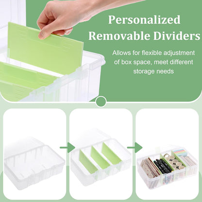BTSKY Clear Plastic Dividing Storage Box with 4 Compartments Adjustable Storage Bin with Lid Plastic Craft Storage Container Multipurpose Sewing Box Art Supply Organizer, 13.3x8.1x3.4 Inches