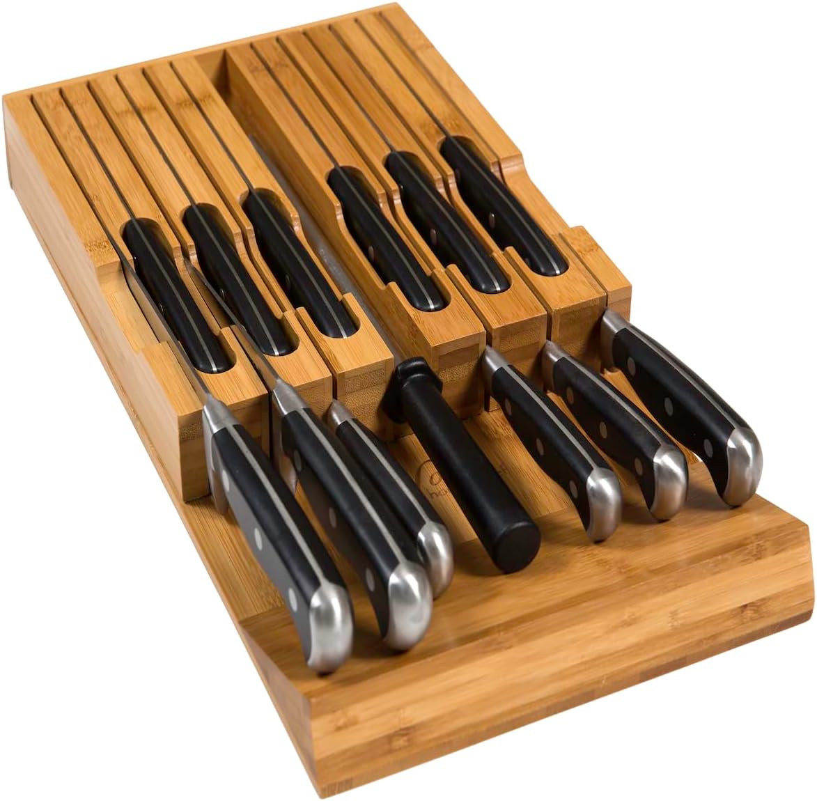 In-Drawer Bamboo Knife Block Holds 12 Knives (Not Included) Without Pointing Up PLUS a Slot for your Knife Sharpener! Noble home & chef Knife Organizer Made from Quality Moso Bamboo